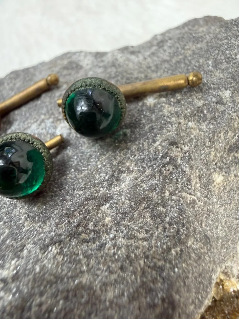 Vintage Set of 3 Green Glass & Brass Button Shirt Studs